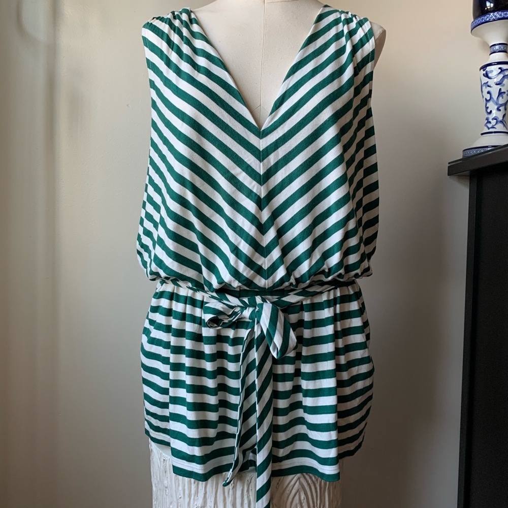 Talbots green & white striped knit tie-waist tunic tank